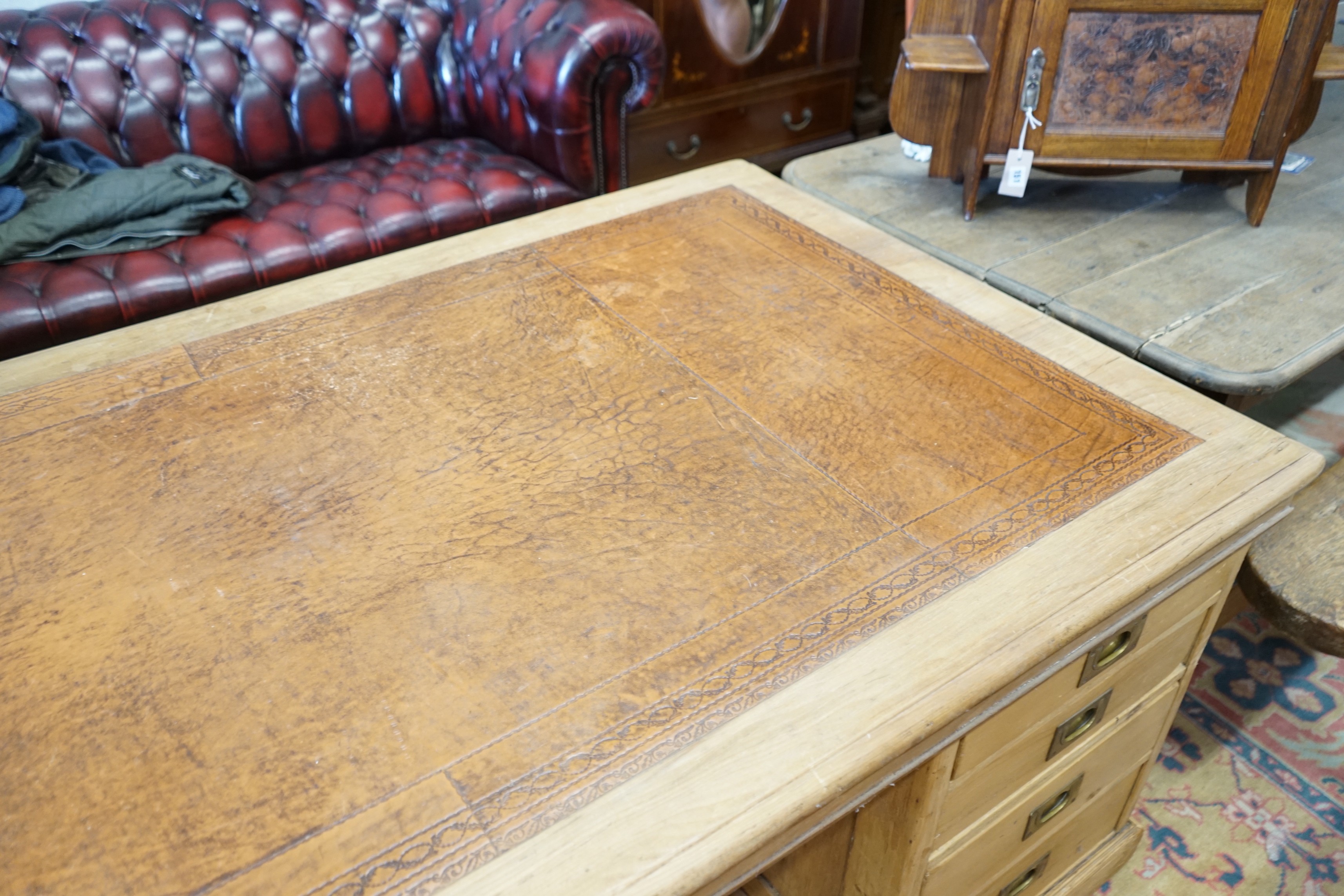 A Victorian and later military style pine pedestal desk, width 182cm, depth 98cm, height 76cm